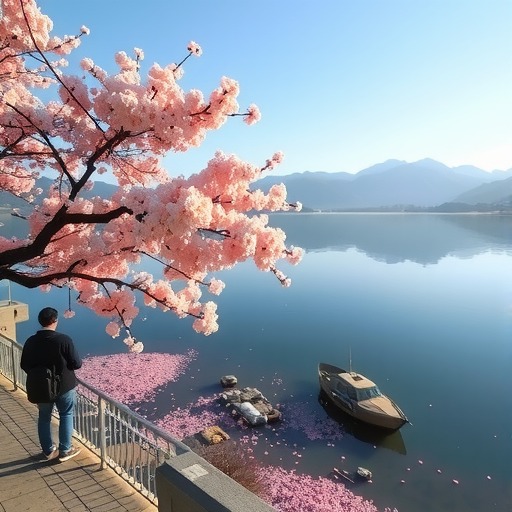 云南抚仙湖冬樱绽放 引游客漫步湖畔赏景(图3)